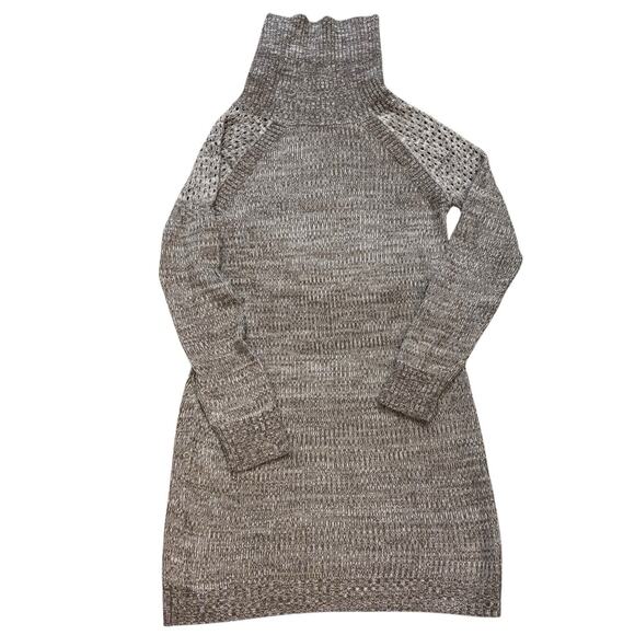 Prana Medium Tan Heather Sweater Dress ARCHER Fold Over Collar Snap Knit Pockets - Picture 4 of 8